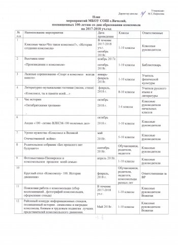 План, посвященный 100-летию образования комсомола.