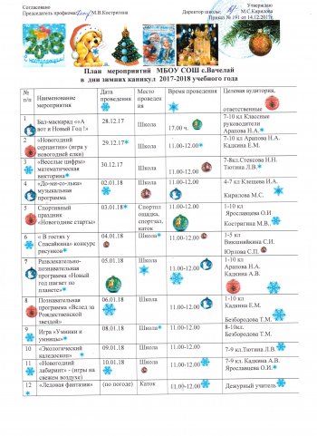 План мероприятий на новогодние каникулы